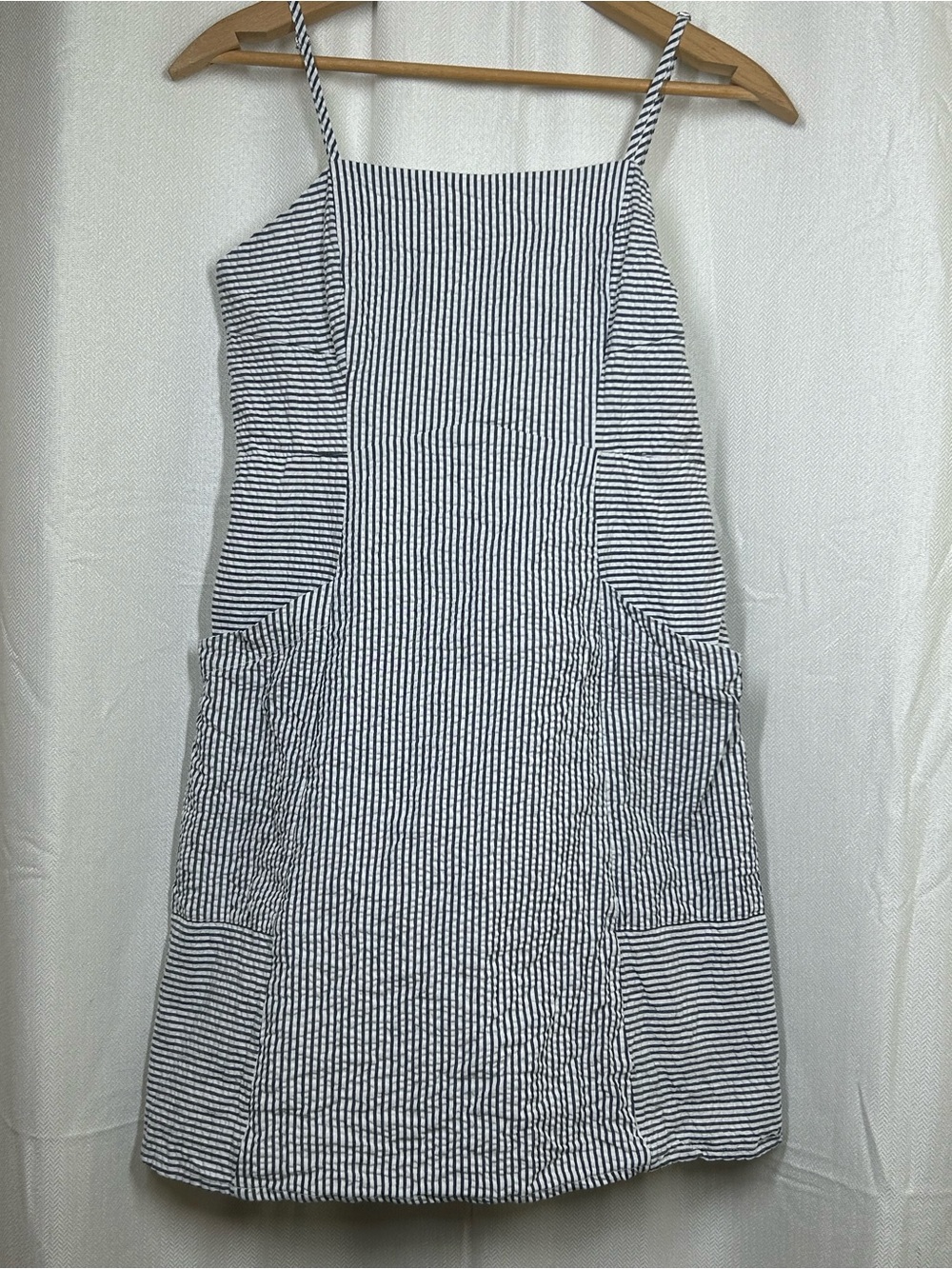 Versona Striped Seersucker Tank Dress Size Small Pockets Cotton Grey White